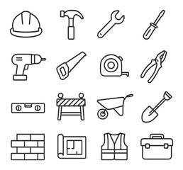 Obraz premium Construction tools linear icon set. featuring helmet, hammer, wrench, screwdriver, drill, and saw symbols