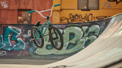 Bmx bike performing a jump in a skatepark with graffiti background