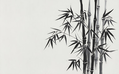 Obraz premium The image is a minimalist black and white illustration of a cluster of bamboo stalks and leaves, characterized by bold lines and varying gray shades.