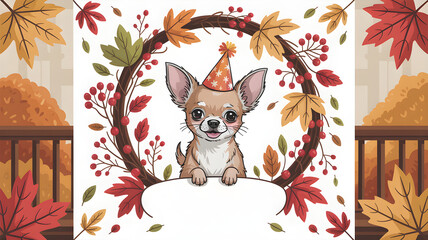 Cute chihuahua puppy celebrating birthday in autumn setting
