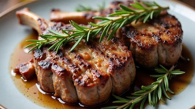 Juicy grilled pork chops with rosemary and savory sauce, perfectly cooked for a gourmet dining experience.