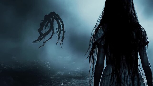 A mysterious dark figure with long hair faces a terrifying shadow creature in the mist, creating a chilling horror atmosphere filled with fear, suspense, and supernatural tension.