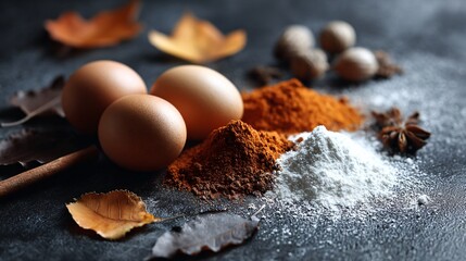 A flat lay of brown eggs, powdered sugar, cinnamon, and nutmeg on a chalkboard surface with leaves scattered