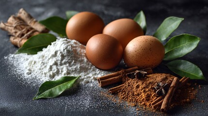 A flat lay of brown eggs, powdered sugar, cinnamon, and nutmeg on a chalkboard surface with leaves scattered