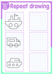 Educational game for kids. Simple exercise.  Drawing using grid. Symmetrical drawing. Vector illustration.