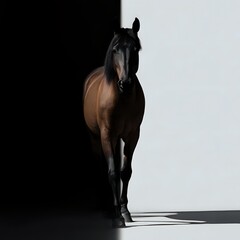 Obraz premium Majestic bay horse emerging from darkness into light, dramatic contrast between black and white background creates artistic shadow effect, powerful equine portrait.