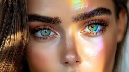 Close up portrait of young woman with multicolored eyes and rainbow light effect on face showing natural makeup and glowing skin. Fashion beauty concept.