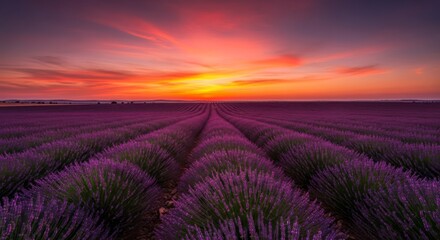 Breathtaking Sunset Colors Painting the Sky Above Expansive Lavender Fields in Bloom.