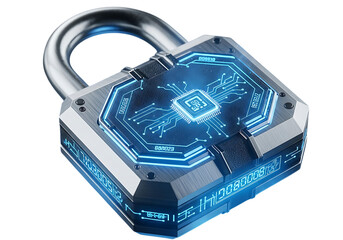 Cybersecurity padlock with microchip and digital data streams protection concept