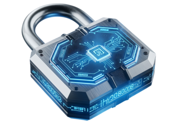 Cybersecurity padlock with microchip and digital data streams protection concept