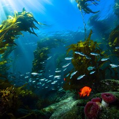 Fototapeta premium Vibrant tropical fish swim among a colorful coral reef in the deep blue ocean