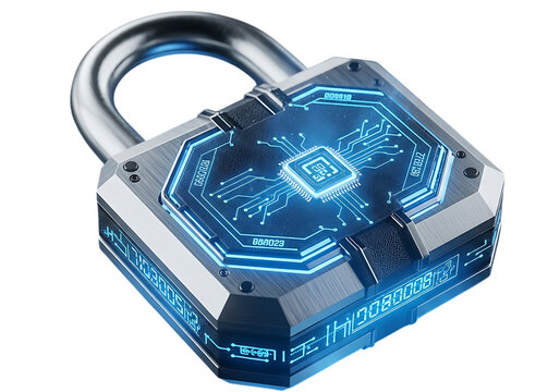 Cybersecurity padlock with microchip and digital data streams protection concept