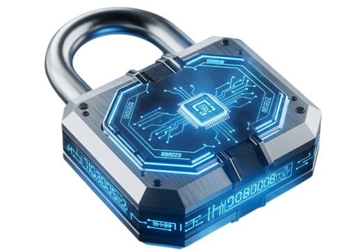 Cybersecurity padlock with microchip and digital data streams protection concept