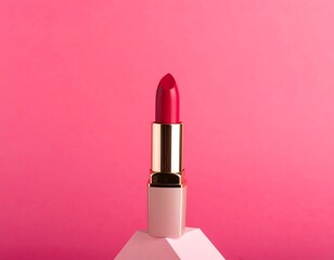 A vibrant red lipstick on a pale pink stand