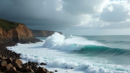 Fototapeta premium Dramatic coastal scene with powerful waves crashing against a rocky shore.