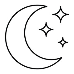 Crescent moon with stars vector icon. Minimal black line art night sky symbol for astronomy, astrology, or bedtime design.