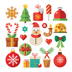 Collection of cheerful flat design christmas icons including a snowman decorated tree gifts ornaments snowflakes candy canes and festive decorations on a white background