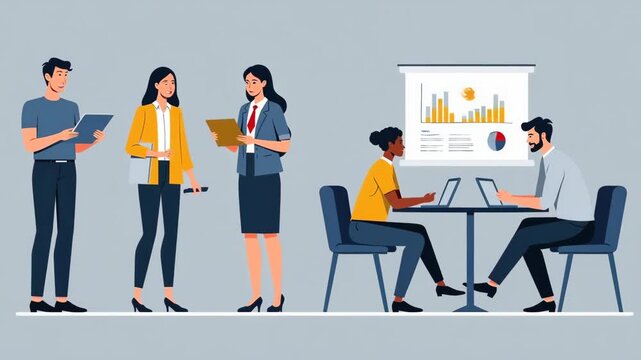 Illustrations of diverse business people in professional attire interacting with digital devices, presenting data charts, or negotiating deals, in a modern flat vector style.

