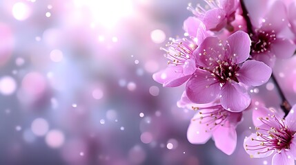 Pink cherry blossom flowers in macro view against blurred purple background with bokeh lights and soft focus creating dreamy spring atmosphere.