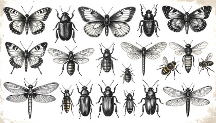 Detailed insect study, engraved entomological collection, vintage style drawing