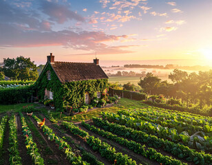 Drone View of Ivy-Covered Cottage with Vegetable Garden and Free-Range Chickens
