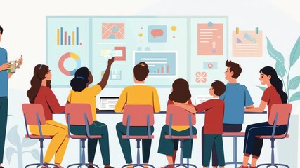 Illustration of diverse students and teachers interacting around a digital board, symbolizing collaborative learning and modern education methods, vibrant colors.

 - Powered by Adobe