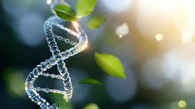 DNA helix structure with green leaves and sunlight bokeh effect, representing natural genetic science, biotechnology and environmental research.