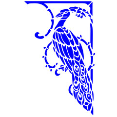 Blue Vector Peacock Bird Corner Design 2 Ornament with Detailed Art Deco Style