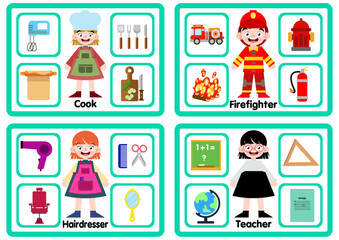 Professions poster for kids - Vector illustration. Colorful educational poster, great for classrooms, schools or teaching materials