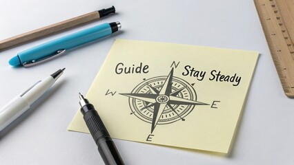Guide to Stay Steady: Compass on Sticky Note Surrounded by Pens