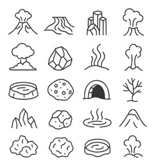 Natural phenomena linear icons set. featuring volcano, mountain, geyser, wave, rock, crater, tree, cave, and cloud.