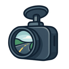 Modern Vector Icon of Car Dash Cam with 3D Angled View, Wide Lens, and Road Reflection