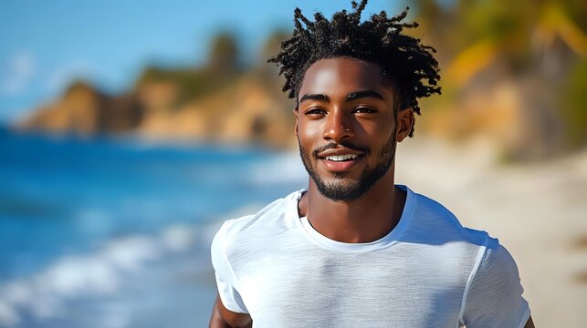 Young African American man with dreadlocks smiling on tropical beach, wearing white t-shirt against blue ocean and coastline background, natural outdoor portrait.