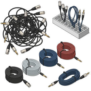 Detailed isometric vector set of microphone cables, showing neat organization and tangled messes in Studio mic cable tangles vector