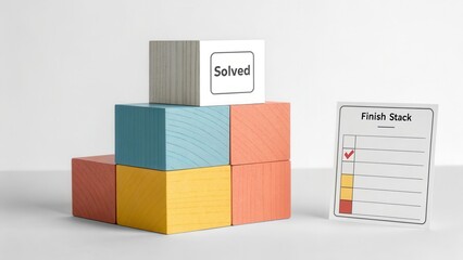 Colorful wooden blocks with solved task checklist for productivity