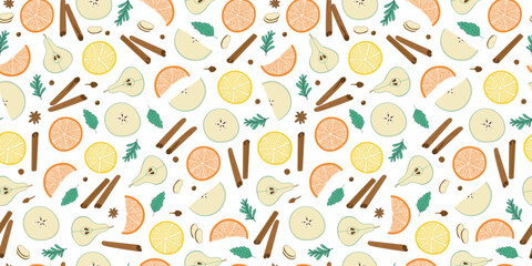 Set ingredients for making mulled wine. Seamless pattern, spices and fruits. Culinary recipe for hot warming drink with fruits, spices, wine.