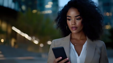 Young African American businesswoman in gray blazer checking smartphone at dusk in urban setting, natural curly hair and professional attire for modern corporate lifestyle.
