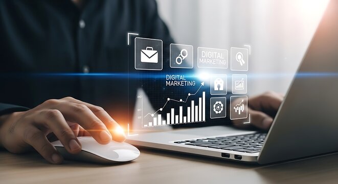 Business person using a laptop with digital marketing icons overlay - Powered by Adobe