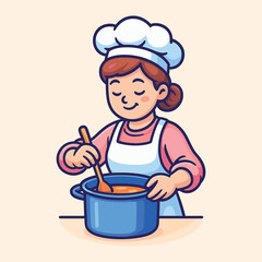 Cute female chef cooking food wearing an apron and hat vector cartoon