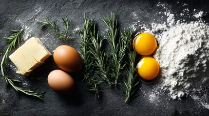 A minimal flat lay of baking ingredients on gray slate: butter cube, egg yolks, flour, and rosemary sprigs, contemporary styling