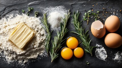 A minimal flat lay of baking ingredients on gray slate: butter cube, egg yolks, flour, and rosemary sprigs, contemporary styling