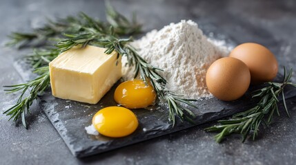 A minimal flat lay of baking ingredients on gray slate: butter cube, egg yolks, flour, and rosemary sprigs, contemporary styling