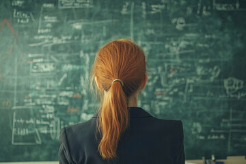 Red-Haired Woman Analyzing Complex Equations on a Chalkboard for Learning