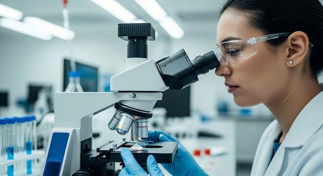 Female scientist analyzing slide with microscope in laboratory