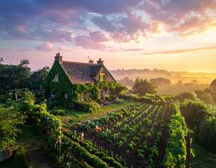 Drone View of Ivy-Covered Cottage with Vegetable Garden and Free-Range Chickens
