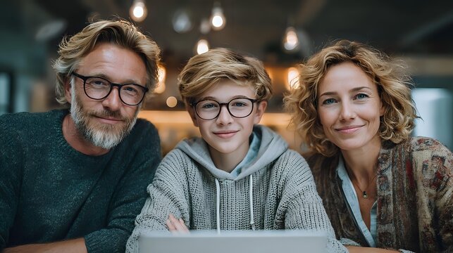 Happy family portrait with teenage son wearing glasses between parents, warm lighting and bokeh background creates cozy atmosphere for lifestyle photography. - Powered by Adobe