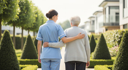 Nurse walking with elderly woman outdoors, symbol of trust and care for healthcare marketing, retirement living brochures, senior care services, health insurance ads, assisted living promotions