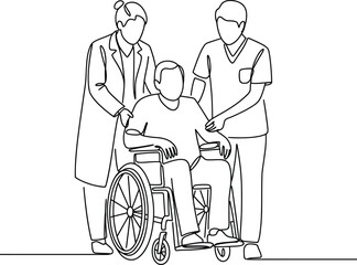Medical professionals assist patient in wheelchair for healthcare and support