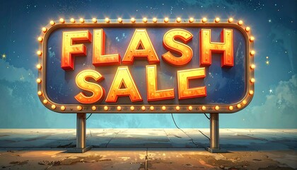 A retro-styled, illuminated billboard announces a flash sale against a twilight sky.