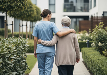 Caregiver supporting senior woman in garden, healthcare and companionship for medical services websites, caregiving promotions, retirement community marketing, wellness & family support ads, insurance